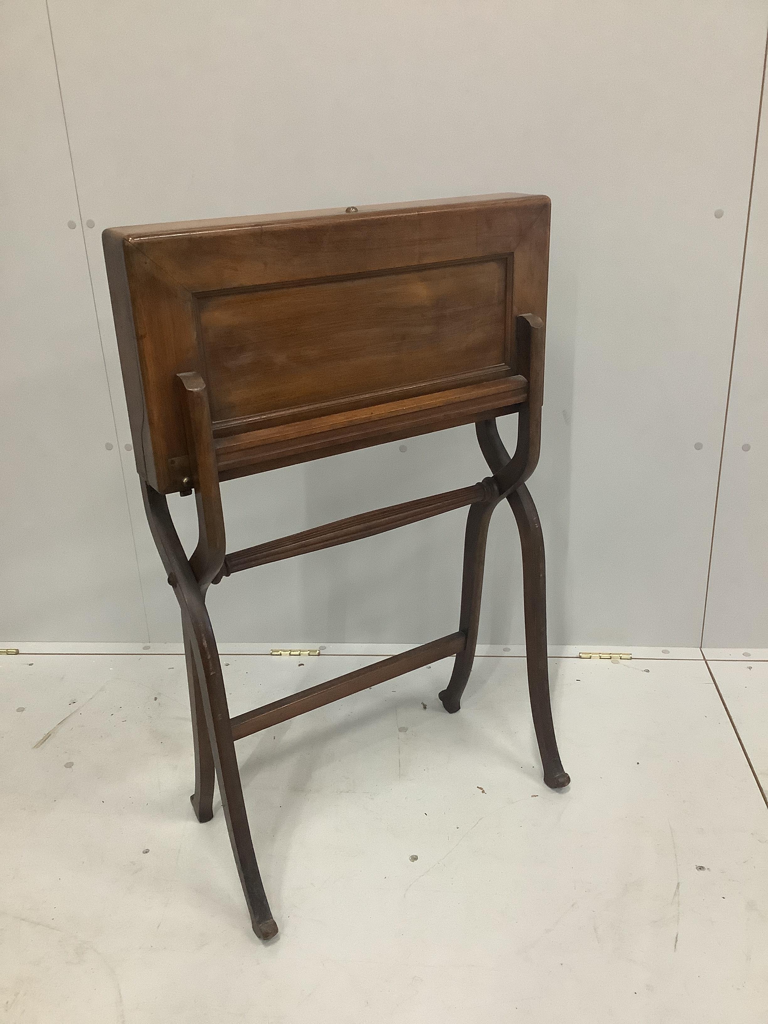 A late Victorian mahogany travelling artist's / draughtman's table with fitted leather lined interior, width 62cm